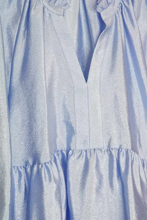 Blue textured polyester satin pullover Y-collar swing-style trapeze dress with airy bishop sleeves