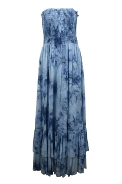 Blue tie-dye silk strapless maxi dress with smock bodice