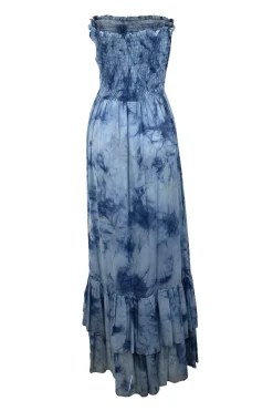 Blue tie-dye silk strapless maxi dress with smock bodice