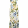 Blue tiered viscose painterly floral print bustier maxi dress with lace-trimmed bodice and adjustable straps