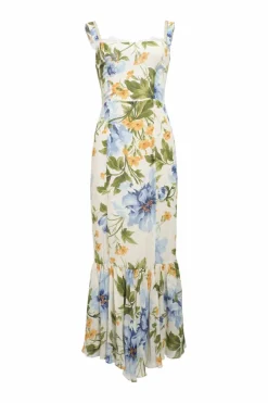 Blue tiered viscose painterly floral print bustier maxi dress with lace-trimmed bodice and adjustable straps
