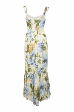 Blue tiered viscose painterly floral print bustier maxi dress with lace-trimmed bodice and adjustable straps