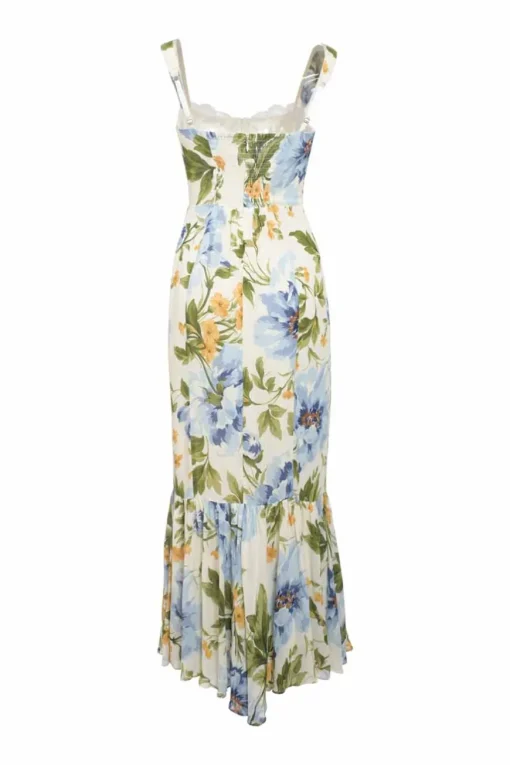 Blue tiered viscose painterly floral print bustier maxi dress with lace-trimmed bodice and adjustable straps