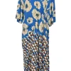 Blue viscose abstract graphic floral print gathered cap sleeve midi dress