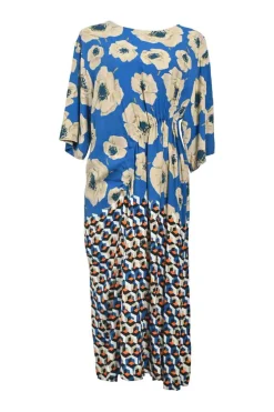 Blue viscose abstract graphic floral print gathered cap sleeve midi dress