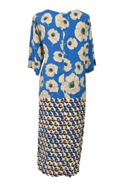 Blue viscose abstract graphic floral print gathered cap sleeve midi dress