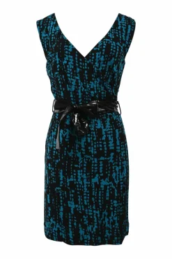Blue viscose abstract print plunge neck sheath dress with detachable patent tie-waist belt