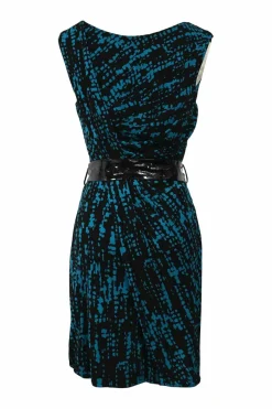 Blue viscose abstract print plunge neck sheath dress with detachable patent tie-waist belt
