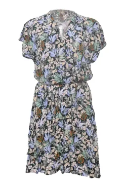 Blue viscose floral print flutter sleeve wrap dress