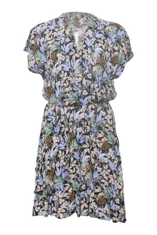 Blue viscose floral print flutter sleeve wrap dress