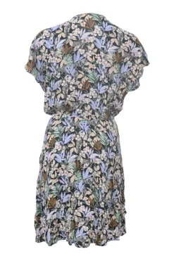 Blue viscose floral print flutter sleeve wrap dress