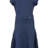 Blue viscose-blend brocade-style floral 3D knit drop-waist dress with portrait neckline