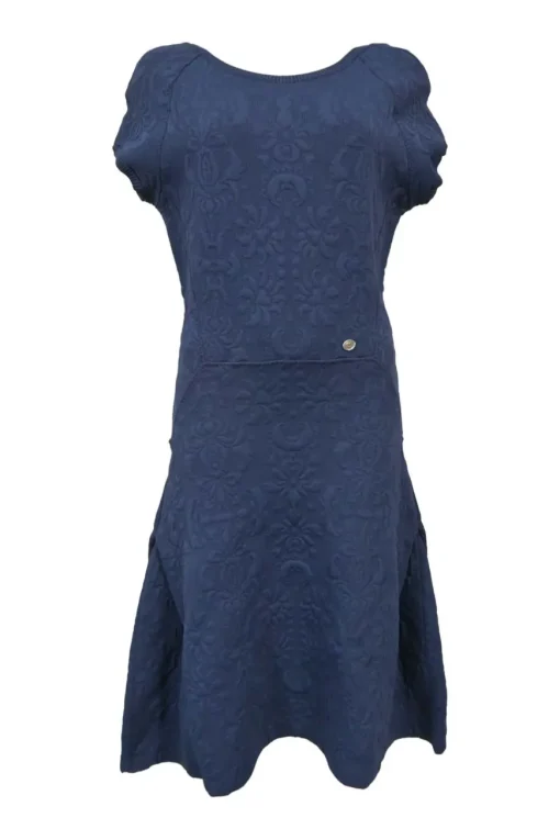 Blue viscose-blend brocade-style floral 3D knit drop-waist dress with portrait neckline