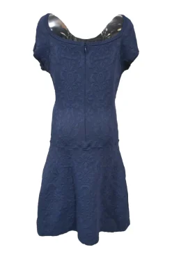 Blue viscose-blend brocade-style floral 3D knit drop-waist dress with portrait neckline