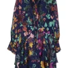 Blue viscose-blend devoré velvet pullover pussybow ruffle tunic shift featuring multi-colour floral motif