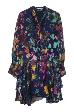 Blue viscose-blend devoré velvet pullover pussybow ruffle tunic shift featuring multi-colour floral motif