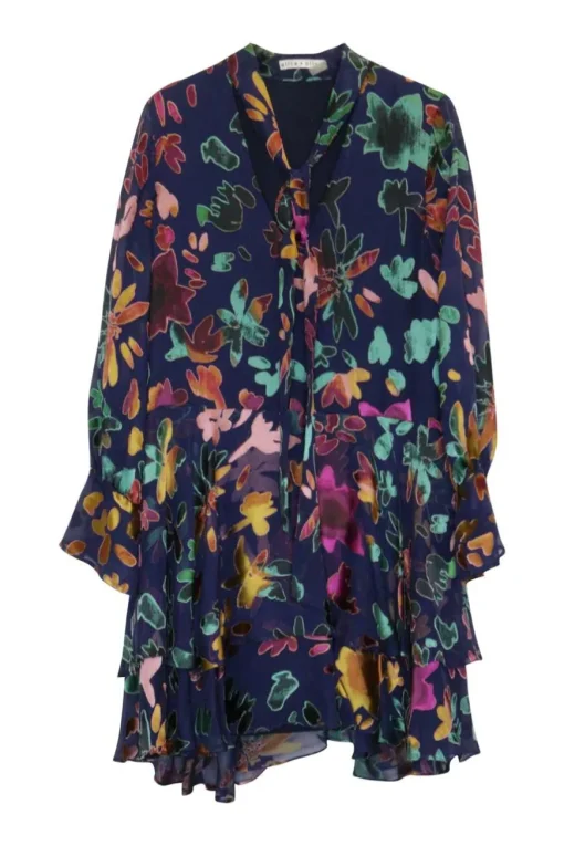 Blue viscose-blend devoré velvet pullover pussybow ruffle tunic shift featuring multi-colour floral motif