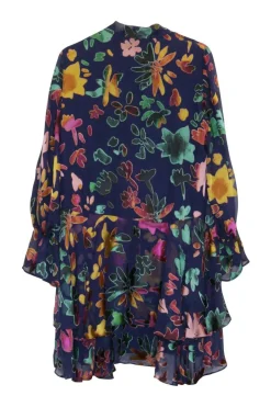 Blue viscose-blend devoré velvet pullover pussybow ruffle tunic shift featuring multi-colour floral motif