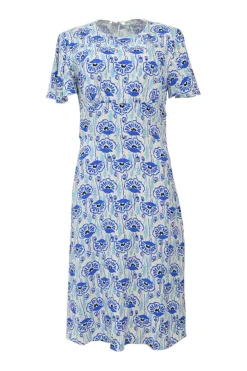 Blue viscose-blend floral print knee-length dress with flutter sleeves
