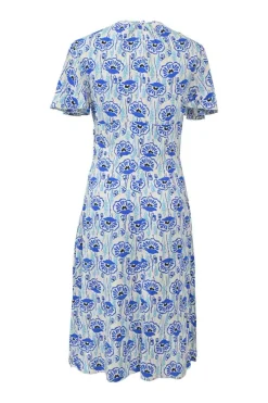 Blue viscose-blend floral print knee-length dress with flutter sleeves
