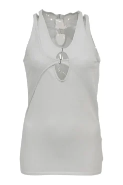 Blue viscose-blend jersey knit hosiery mesh eyelet tank top
