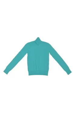Blue viscose-blend jersey knit funnel neck pullover sweater