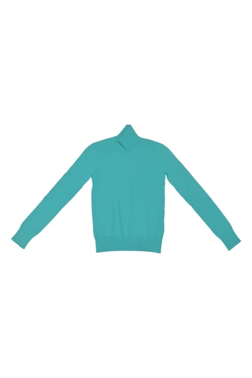 Blue viscose-blend jersey knit funnel neck pullover sweater