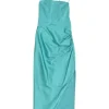 Blue viscose-blend satin open-back ruched pencil sheath dress with asymmetric hem and lace-up back