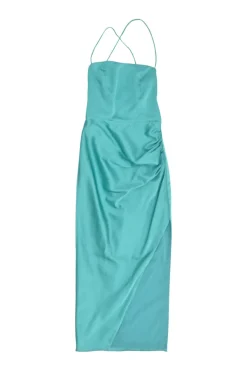 Blue viscose-blend satin open-back ruched pencil sheath dress with asymmetric hem and lace-up back