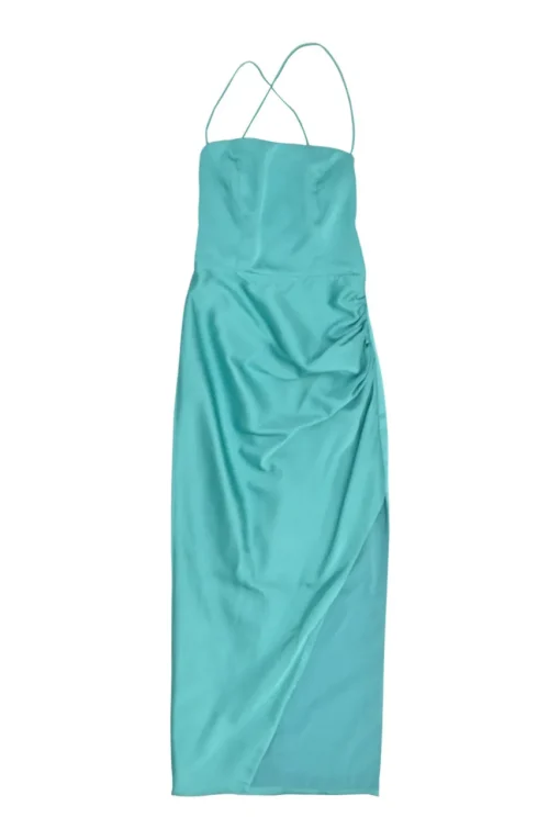 Blue viscose-blend satin open-back ruched pencil sheath dress with asymmetric hem and lace-up back