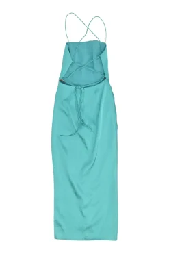 Blue viscose-blend satin open-back ruched pencil sheath dress with asymmetric hem and lace-up back