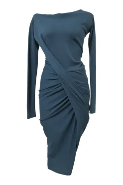 Blue viscose-blend twist drape ponte knit off-shoulder long sleeve sheath dress