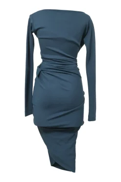 Blue viscose-blend twist drape ponte knit off-shoulder long sleeve sheath dress