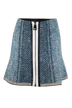 Blue, white and black boucle knitted mini skirt with a middle zipper