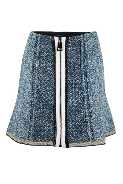 Blue, white and black boucle knitted mini skirt with a middle zipper