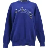Blue wool knit crewneck pullover sweater with crystal-embellished logo motif