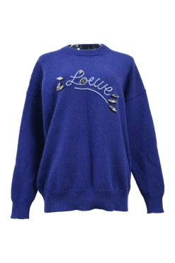 Blue wool knit crewneck pullover sweater with crystal-embellished logo motif