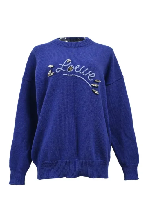 Blue wool knit crewneck pullover sweater with crystal-embellished logo motif