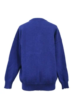 Blue wool knit crewneck pullover sweater with crystal-embellished logo motif