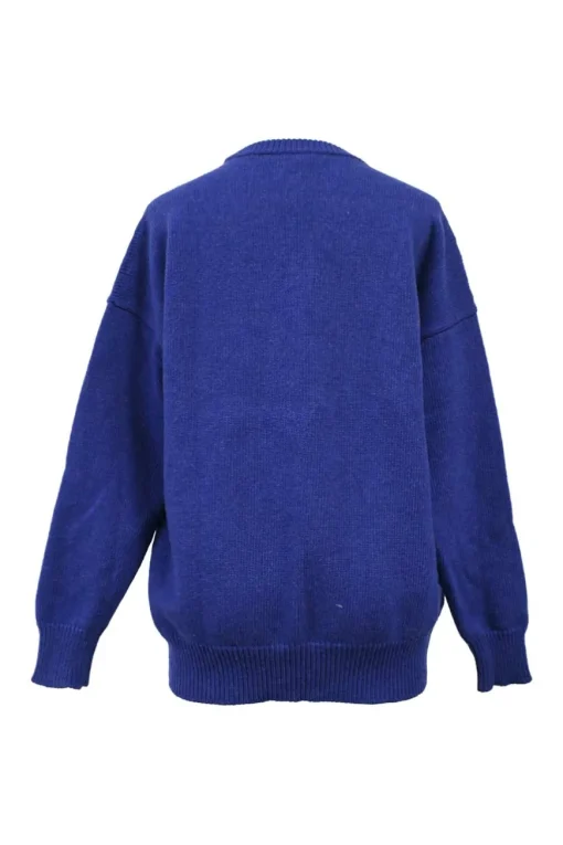 Blue wool knit crewneck pullover sweater with crystal-embellished logo motif