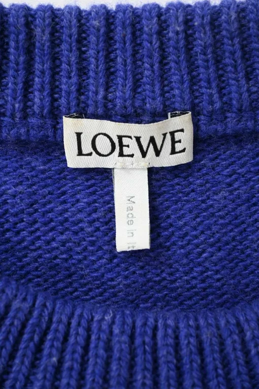 Blue wool knit crewneck pullover sweater with crystal-embellished logo motif