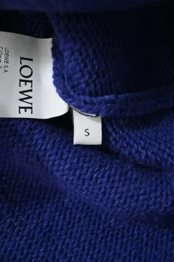 Blue wool knit crewneck pullover sweater with crystal-embellished logo motif