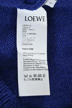 Blue wool knit crewneck pullover sweater with crystal-embellished logo motif