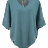 Blue wool-blend jersey knit V-neck short-sleeve top with pointed hem