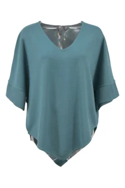 Blue wool-blend jersey knit V-neck short-sleeve top with pointed hem