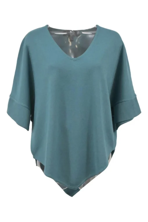 Blue wool-blend jersey knit V-neck short-sleeve top with pointed hem