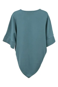 Blue wool-blend jersey knit V-neck short-sleeve top with pointed hem