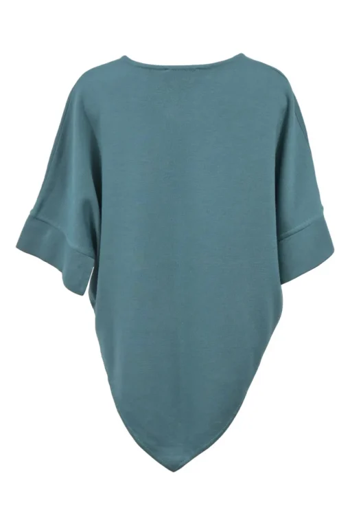 Blue wool-blend jersey knit V-neck short-sleeve top with pointed hem