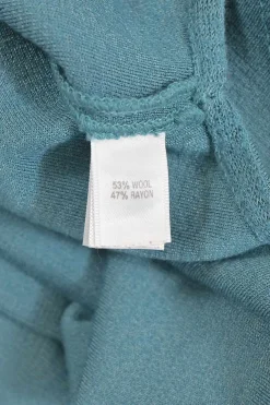 Blue wool-blend jersey knit V-neck short-sleeve top with pointed hem