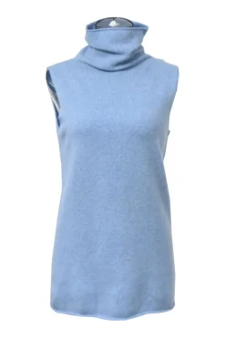 Blue wool-cashmere blend funnel neck pullover sleeveless sweater